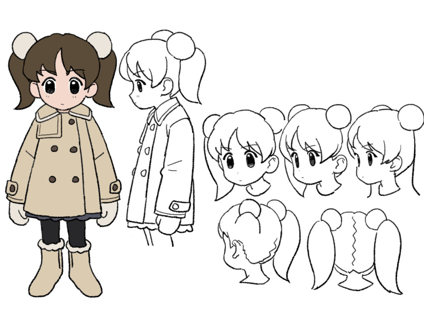1girl, arms_at_sides, boots, closed_mouth, coat, doppelschwert, double_bun, expressionless