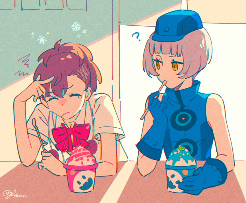 2girls, bare_shoulders, blue_dress, blue_gloves, bow, brain_freeze, brown_hair, closed_eyes