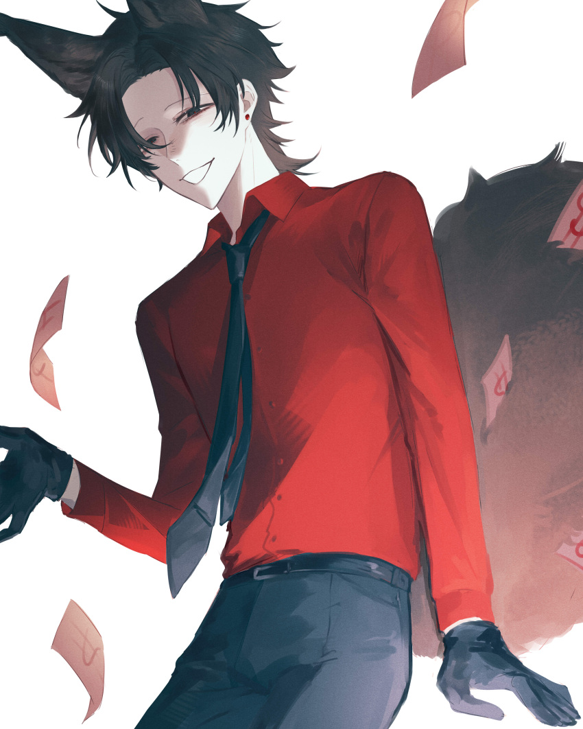 1boy, absurdres, animal_ears, belt, black_belt, black_eyes, black_gloves, black_hair