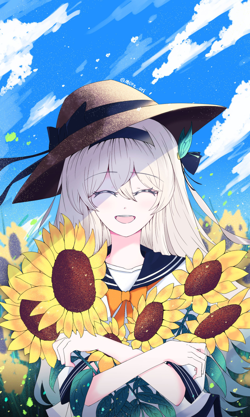 1girl, ^_^, absurdres, black_hairband, blue_sky, bow, bowtie, closed_eyes