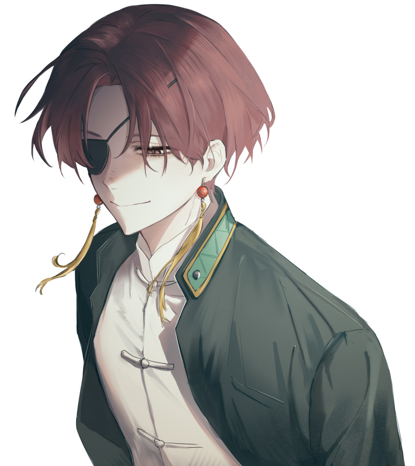 1boy, absurdres, black_jacket, brown_eyes, chinese_commentary, closed_mouth, commentary_request, earrings, highres, jacket, jewelry, kc-rk_sl, male_focus, open_clothes, open_jacket, redhead, short_hair, smile, solo, suo_hayato, tassel, tassel_earrings, upper_body, wind_breaker_(nii_satoru)