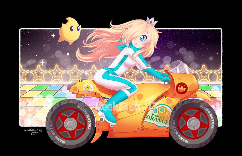 bicycle, biker_clothes, biker_rosalina, bikesuit, blonde_hair, blue_eyes, bodysuit, breasts
