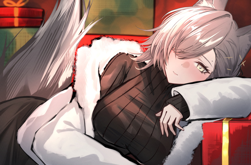 1girl, absurdres, animal_ear_fluff, animal_ears, arknights, black_skirt, black_sweater, box