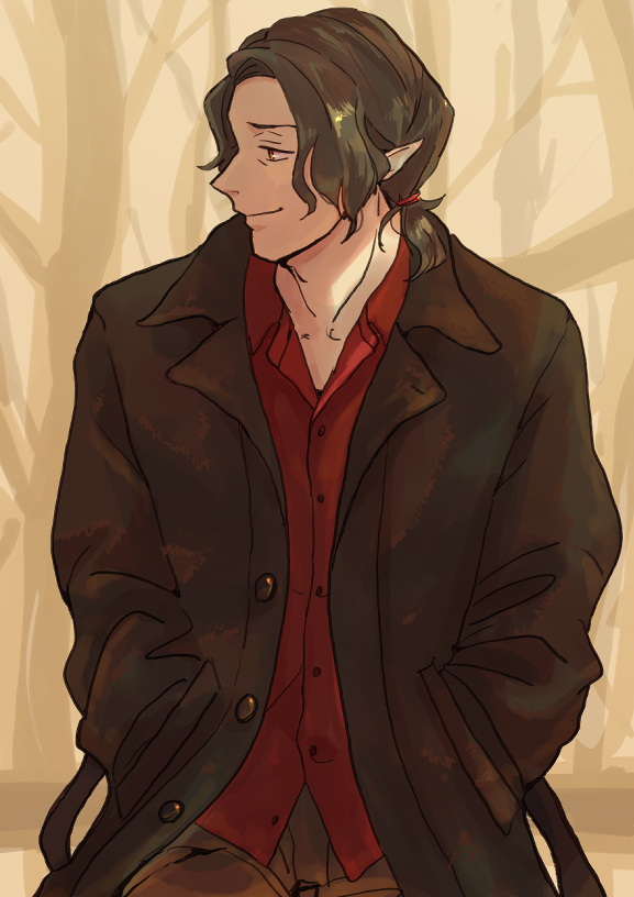 1boy, black_jacket, brown_eyes, brown_hair, brown_pants, fairy_ranmaru:anata_no_kokoro_otasuke_shimasu, hands_in_pockets, jacket, langonuevo, light_smile, long_hair, male_focus, outdoors, pants, pointy_ears, red_shirt, shirt, tree, utashiro_takara