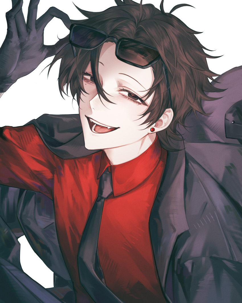 1boy, absurdres, adjusting_eyewear, black_gloves, black_jacket, black_necktie, brown_eyes, brown_hair