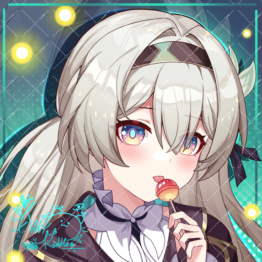1girl, absurdres, black_hairband, blush, candy, commission, cropped_jacket, firefly_(honkai:_star_rail)