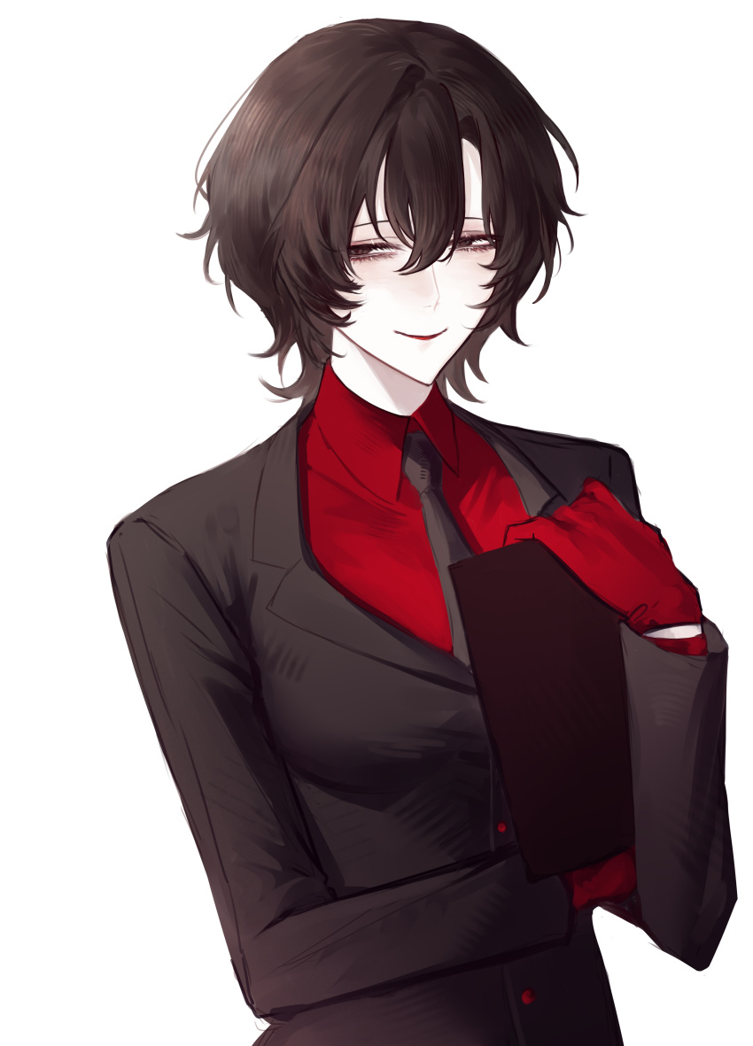 1girl, absurdres, black_necktie, breasts, brown_eyes, brown_hair, chinese_commentary, closed_mouth, collared_shirt, commentary_request, di_hongxia, gloves, hair_between_eyes, highres, kc-rk_sl, long_sleeves, medium_breasts, necktie, red_gloves, red_lips, red_shirt, shirt, short_hair, simple_background, smile, solo, touqi_guaitan, white_background