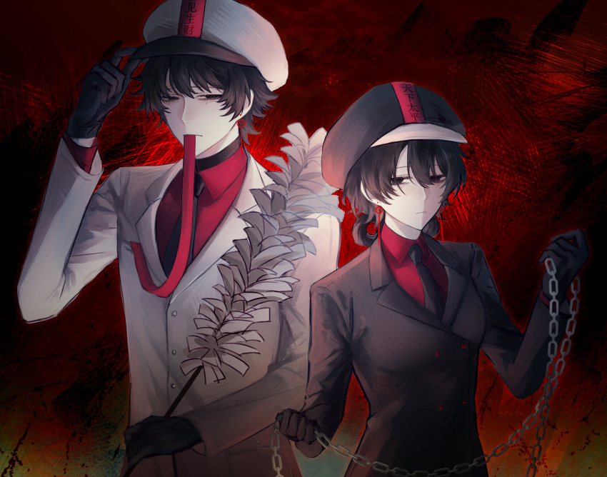 1boy, 1girl, absurdres, black_eyes, black_gloves, black_hair, black_hat, black_jacket