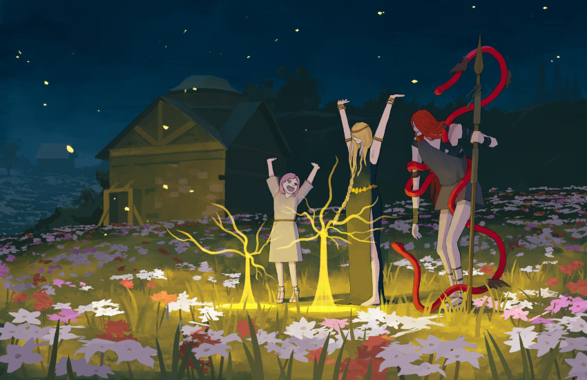 1boy, 2girls, armlet, arms_up, barefoot, black_dress, bracelet, braid, brown_hair, dress, elden_ring, elden_ring:_shadow_of_the_erdtree, english_commentary, erdtree_(elden_ring), flower, gold_armlet, gold_belt, gold_bracelet, gold_circlet, grass, highres, house, jewelry, long_hair, medium_hair, melina_(elden_ring), messmer_the_impaler, multiple_girls, night, night_sky, omnileaden, open_mouth, queen_marika_the_eternal, red_snake, redhead, side_slit, sky, slippers, snake, snake_wrapped_around_body, tree, tunic, very_long_hair, village