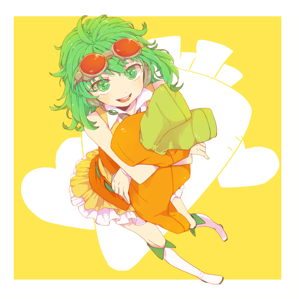 goggles, goggles_on_head, green_eyes, green_hair, gumi, headphones, headset, ogi_(sham00)