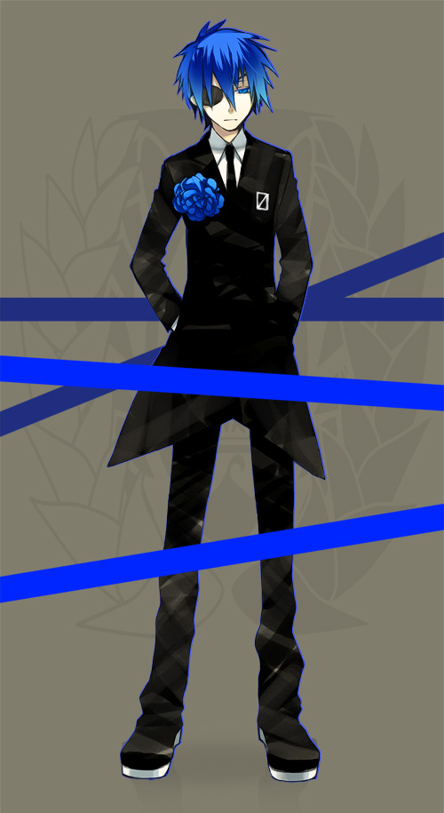 akio_(89e), bad_id, blue_eyes, blue_hair, eyepatch, flower, formal, himitsu_keisatsu_(vocaloid)