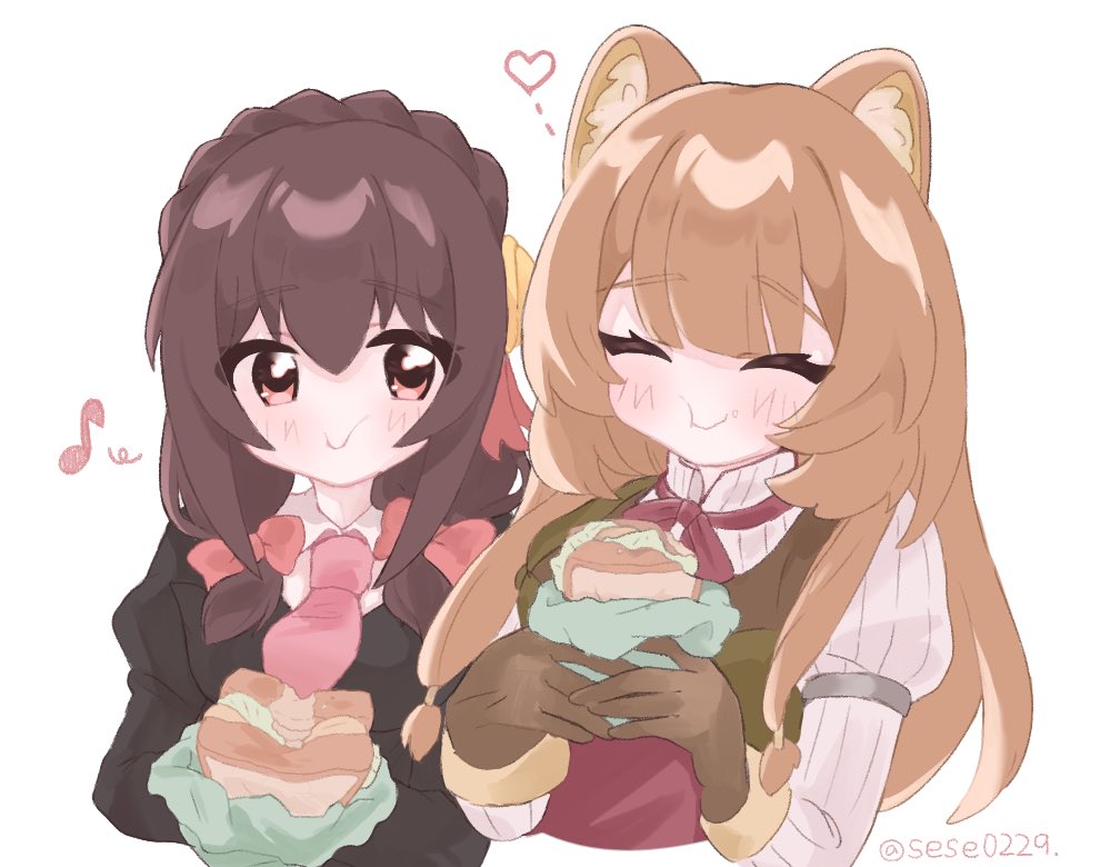 2girls, animal_ear_fluff, animal_ears, armor, black_dress, bow, breastplate, breasts