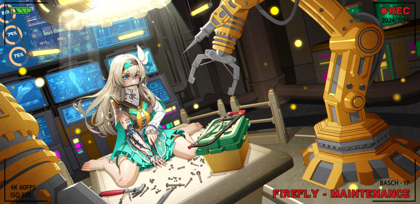 1girl, absurdres, baschyf, black_hairband, breasts, claw_hammer, collared_shirt, coping_saw