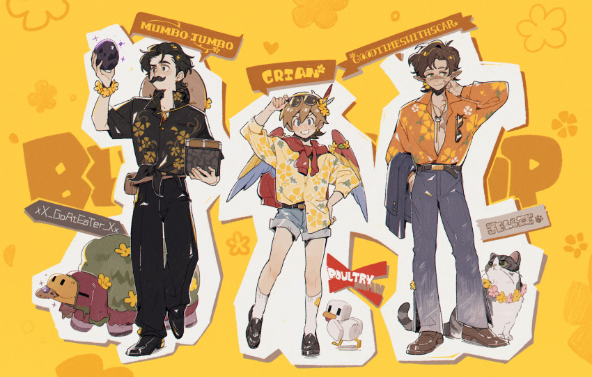 3boys, adapted_costume, alternate_costume, animal, bird, bishounen, black_hair, brown_hair