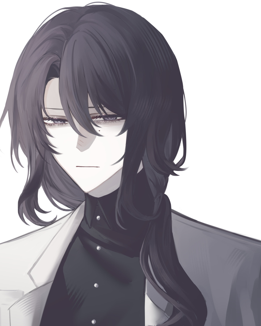 1boy, :|, absurdres, black_hair, black_shirt, buttons, chinese_commentary, closed_mouth, collared_shirt, commentary_request, hair_between_eyes, highres, jacket, kc-rk_sl, lanq_qing, lapels, low_ponytail, male_focus, mole, mole_under_eye, open_clothes, open_jacket, pale_skin, portrait, shirt, side_ponytail, simple_background, solo, touqi_guaitan, white_background, white_jacket