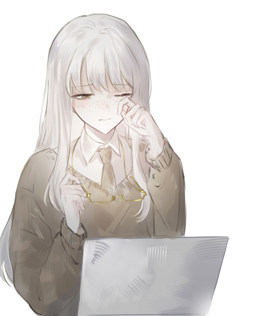 1girl, absurdres, bai_ling_(touqi_guaitan), brown_necktie, brown_sweater, chinese_commentary, closed_mouth, collared_shirt