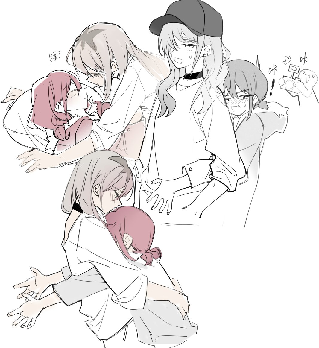 1other, 2girls, baseball_cap, black_choker, black_hat, blush, brown_hair, choker, closed_eyes, commentary, couple, girls_band_cry, grey_hair, hat, height_difference, hood, hood_down, hooded_jacket, hug, imminent_kiss, iseri_nina, jacket, jhon_trick, kawaragi_momoka, long_hair, long_sleeves, low_twintails, multicolored_hair, multiple_girls, multiple_views, open_mouth, red_jacket, roots_(hair), shirt, short_hair, short_twintails, sweatdrop, symbol-only_commentary, twintails, white_background, white_shirt, yuri