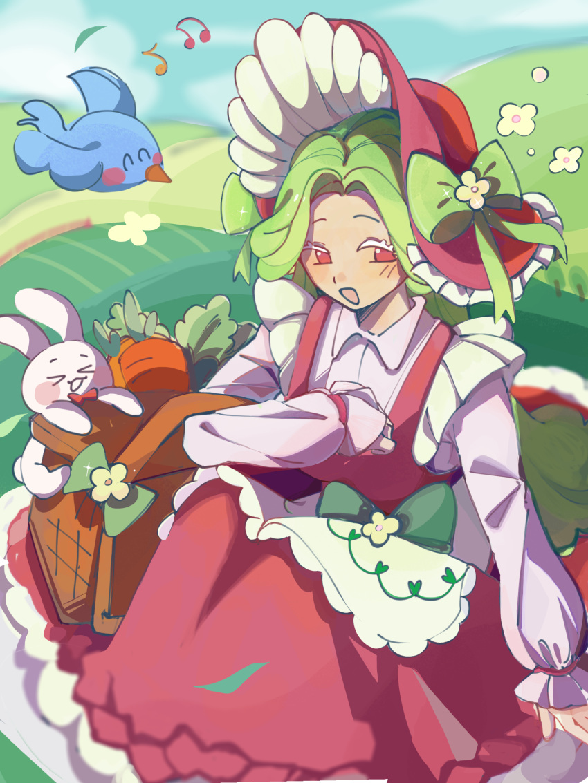 1girl, :d, animal, apron, basket, bird, blue_bird, blurry