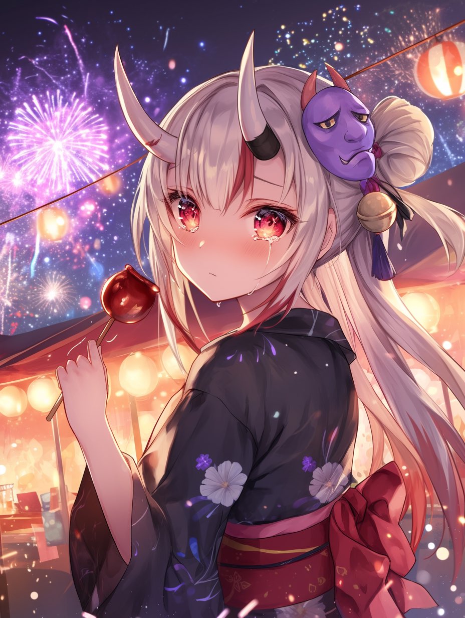 1girl, aerial_fireworks, bell, black_kimono, blush, candy_apple, chikuwanorimaki, festival, fireworks, floral_print, food, hair_bell, hair_bun, hair_ornament, highres, hololive, horns, japanese_clothes, jingle_bell, kimono, long_hair, looking_at_viewer, mask, mask_on_head, multicolored_hair, nakiri_ayame, night, night_sky, obi, oni, outdoors, red_eyes, redhead, sash, shooting_star, sky, solo, streaked_hair, summer_festival, tears, upper_body, virtual_youtuber, yukata