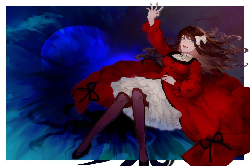 1girl, absurdres, arm_up, black_footwear, black_ribbon, blue_eyes, border, breasts, brown_hair, chinese_commentary, commentary_request, dress, frilled_sleeves, frills, high_heels, highres, jessica_(shilou_de_healer), kc-rk_sl, long_hair, long_sleeves, lying, medium_breasts, on_back, open_mouth, outside_border, pantyhose, purple_pantyhose, red_dress, ribbon, shilou_de_healer, smile, solo, white_border