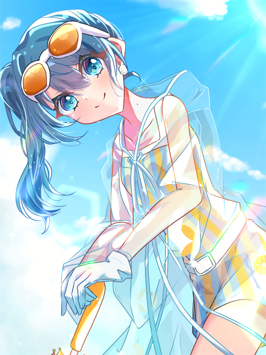 1girl, ameagari_street_(love_live!), blue_dress, blue_eyes, blue_hair, blue_sky, closed_mouth, closed_umbrella, clouds, commentary_request, cowboy_shot, dark_blue_hair, dress, eyewear_on_head, gloves, highres, holding, holding_umbrella, link!_like!_love_live!, lone_nape_hair, long_hair, long_sleeves, love_live!, multicolored_clothes, multicolored_dress, murano_sayaka, official_alternate_costume, orange-tinted_eyewear, outdoors, sakari_(pear_8_ll), short_dress, side_ponytail, sky, sleeveless, sleeveless_dress, smile, solo, split_mouth, sunglasses, tinted_eyewear, transparent_raincoat, umbrella, virtual_youtuber, white_gloves, yellow_dress