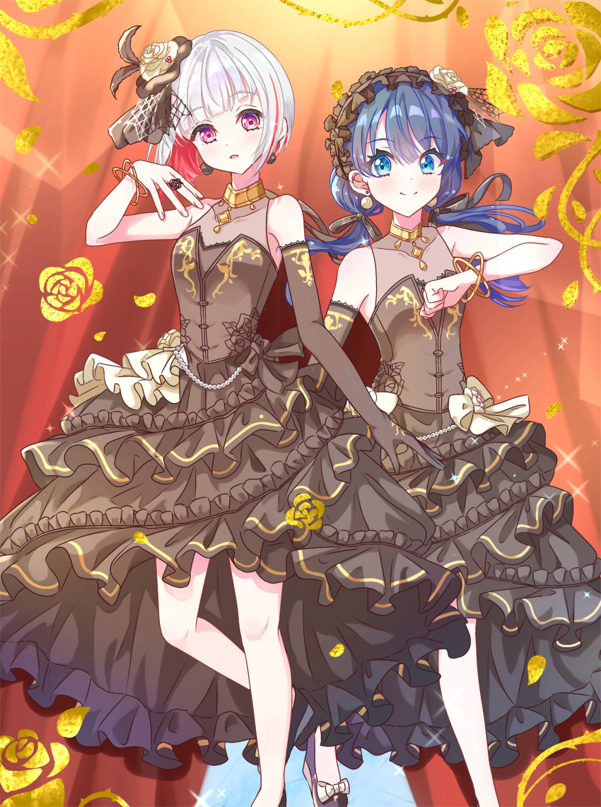 2girls, absurdres, black_dress, black_gloves, black_ribbon, blue_eyes, blue_hair, bob_cut, breasts, clenched_hand, closed_mouth, collarbone, colored_inner_hair, commentary_request, dark_blue_hair, diagonal_bangs, dollchestra, dress, elbow_gloves, flower, foot_out_of_frame, frilled_dress, frills, gloves, grey_hair, hair_flower, hair_ornament, hair_ribbon, hand_up, high-low_skirt, highres, inverted_bob, leg_up, link!_like!_love_live!, long_hair, love_live!, low_twintails, medium_dress, multicolored_hair, multiple_girls, murano_sayaka, official_alternate_costume, open_mouth, red_eyes, redhead, ribbon, rose, sakari_(pear_8_ll), short_hair, single_elbow_glove, single_glove, sleeveless, sleeveless_dress, small_breasts, smile, sparkly_spot_(love_live!), split_mouth, stage_curtains, standing, streaked_hair, twintails, virtual_youtuber, white_flower, white_rose, yugiri_tsuzuri