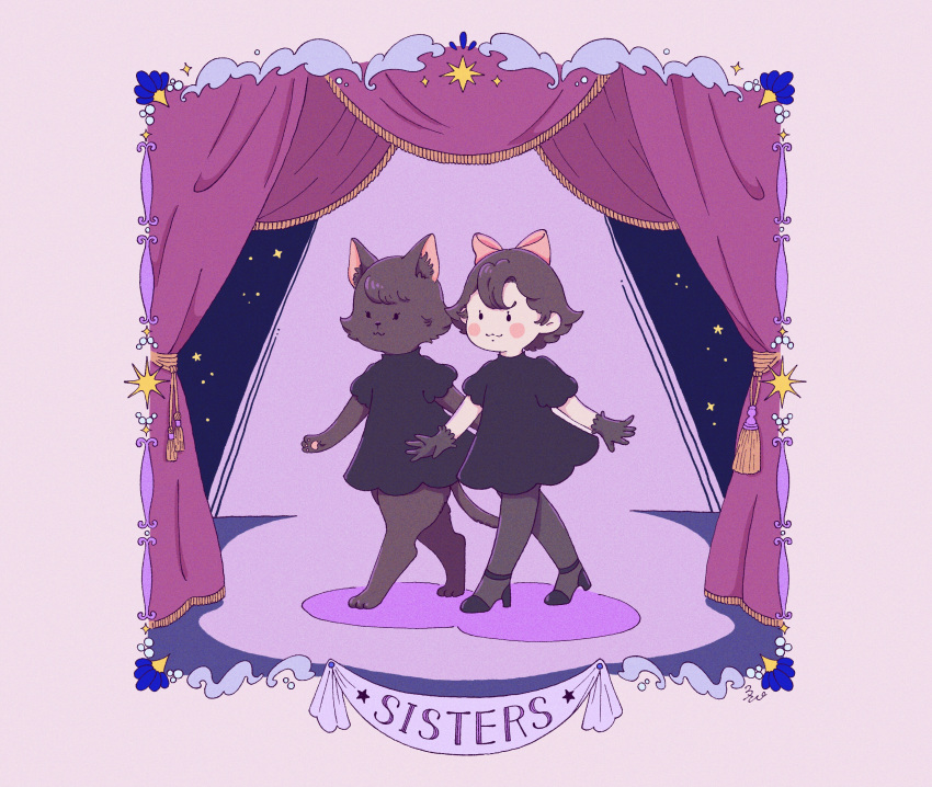 2girls, black_dress, black_pantyhose, body_fur, bow, brown_fur, brown_hair, cat_girl, dress, english_text, full_body, furry, furry_female, hair_bow, high_heels, highres, multiple_girls, original, pantyhose, pink_bow, purple_background, short_hair, siblings, sisters, usape0kyun