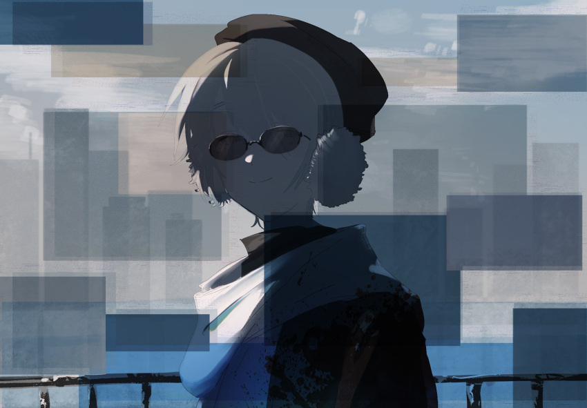 1boy, black_hat, black_shirt, blood, blood_splatter, closed_mouth, earmuffs, grey_eyes