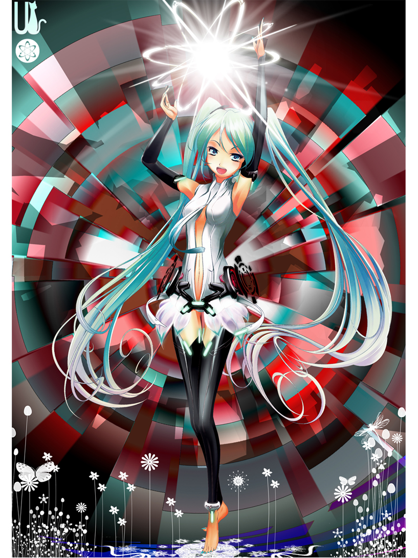 anklet, aqua_eyes, aqua_hair, bad_id, barefoot, bridal_gauntlets, elbow_gloves, fingerless_gloves