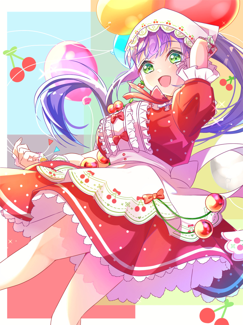 1girl, :d, absurdres, apron, arm_up, balloon, breasts, cherry, cherry_picnic_(love_live!), commentary_request, dress, feet_out_of_frame, food, fruit, green_eyes, hat, highres, holding, holding_balloon, large_breasts, link!_like!_love_live!, long_hair, love_live!, medium_dress, multicolored_background, official_alternate_costume, open_mouth, otomune_kozue, polka_dot, polka_dot_dress, ponytail, puffy_short_sleeves, puffy_sleeves, purple_hair, red_dress, sakari_(pear_8_ll), short_sleeves, sidelocks, smile, solo, split_mouth, very_long_hair, virtual_youtuber, white_apron, white_hat, white_wrist_cuffs, wrist_cuffs