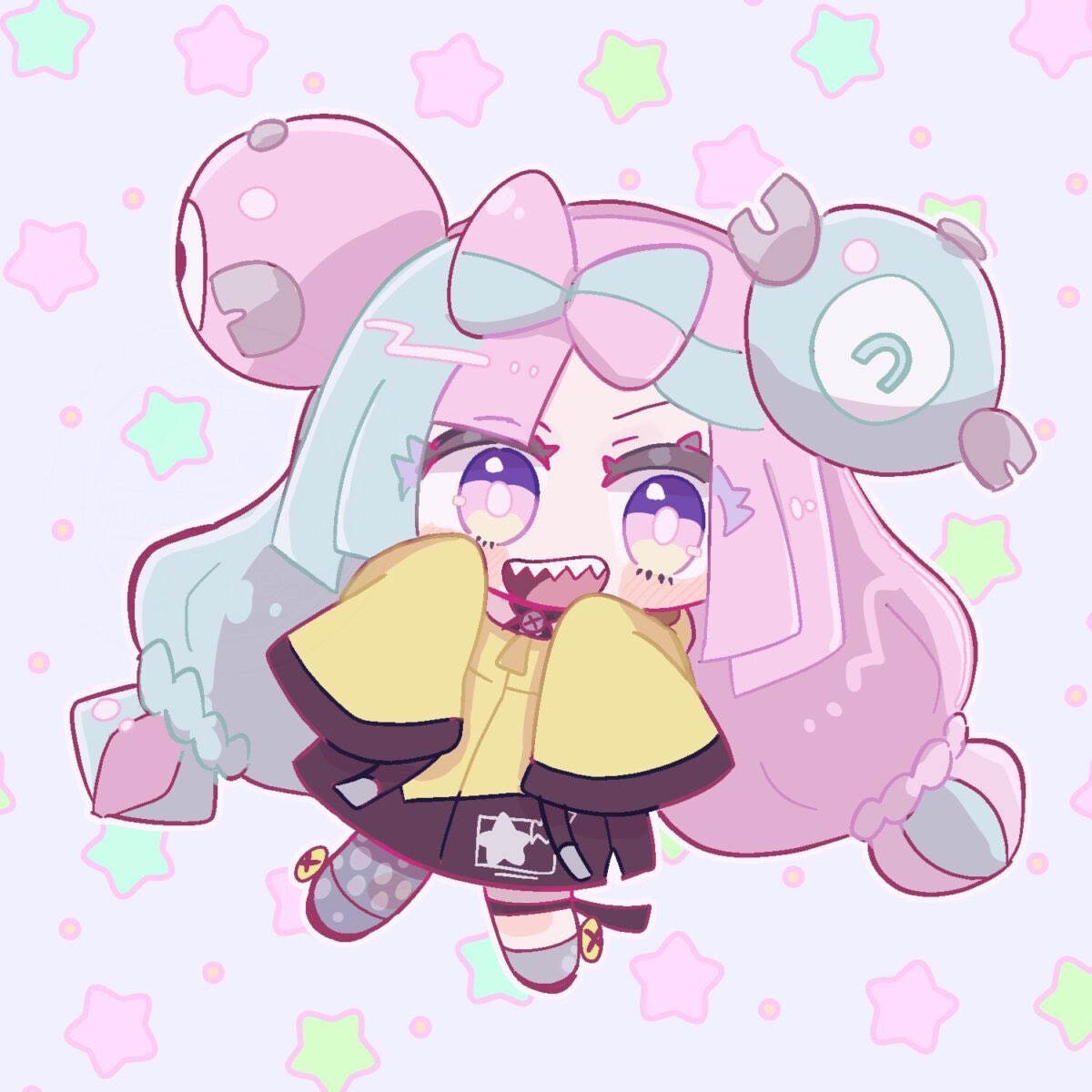 1girl, :d, blue_hair, bow-shaped_hair, character_hair_ornament, chibi, chibi_only, full_body