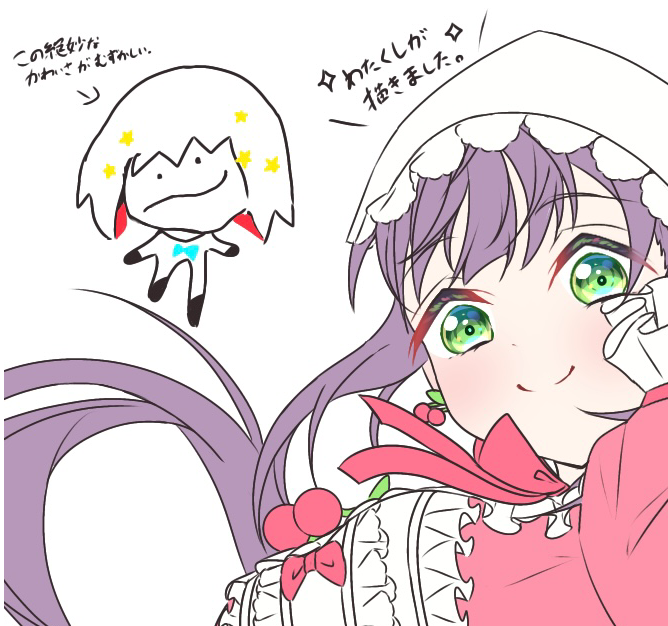2girls, arrow_(symbol), blush, breasts, c:, cherry_picnic_(love_live!), chibi, chibi_inset, child's_drawing, closed_mouth, commentary_request, dress, green_eyes, hair_ornament, hat, large_breasts, link!_like!_love_live!, long_hair, looking_at_viewer, love_live!, multiple_girls, official_alternate_costume, otomune_kozue, pink_dress, pink_ribbon, puffy_sleeves, purple_hair, ribbon, sakari_(pear_8_ll), short_hair, sidelocks, smile, split_mouth, star_(symbol), star_hair_ornament, translation_request, virtual_youtuber, white_hat, yugiri_tsuzuri