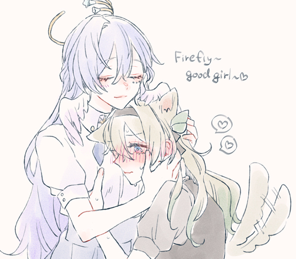 2girls, animal_ears, black_shirt, blush, closed_eyes, closed_mouth, commentary, dog_ears, dog_girl, dog_tail, english_text, firefly_(honkai:_star_rail), gradient_hair, green_hair, grey_hair, halo, hand_on_another's_head, head_wings, heart, honkai:_star_rail, honkai_(series), kemonomimi_mode, long_hair, multicolored_hair, multiple_girls, nervous_sweating, purple_hair, robin_(honkai:_star_rail), shirt, short_sleeves, simple_background, spoken_heart, sweat, tail, tail_wagging, upper_body, white_background, white_shirt, wings, xxxxxio55, yuri