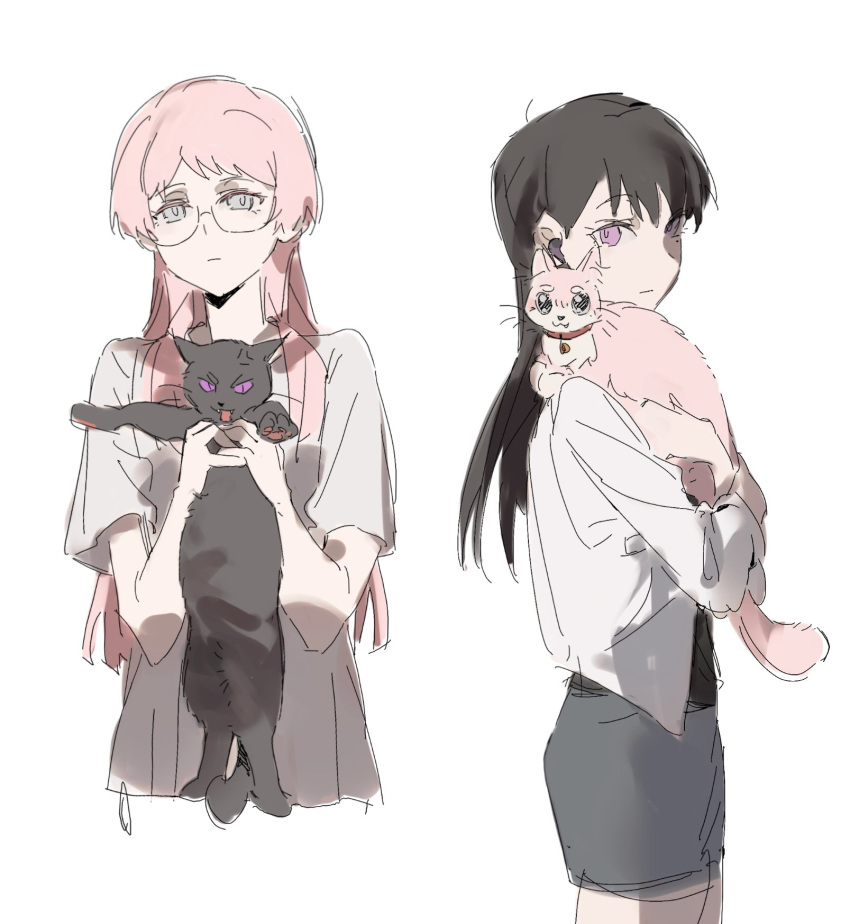 2girls, animal, bang_dream!, bang_dream!_it's_mygo!!!!!, black_cat, brown_hair, cat, chihaya_anon, closed_mouth, expressionless, glasses, grey_eyes, grey_skirt, highres, holding, holding_animal, holding_cat, korii1018, long_hair, long_sleeves, looking_at_viewer, mole, mole_under_eye, multiple_girls, pink_cat, pink_hair, shiina_taki, shirt, short_sleeves, simple_background, skirt, violet_eyes, white_background, white_shirt