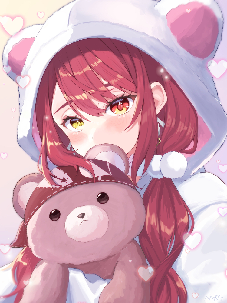 1girl, animal_hood, aomo, bear_hood, blush, commentary_request, earrings, hair_ornament