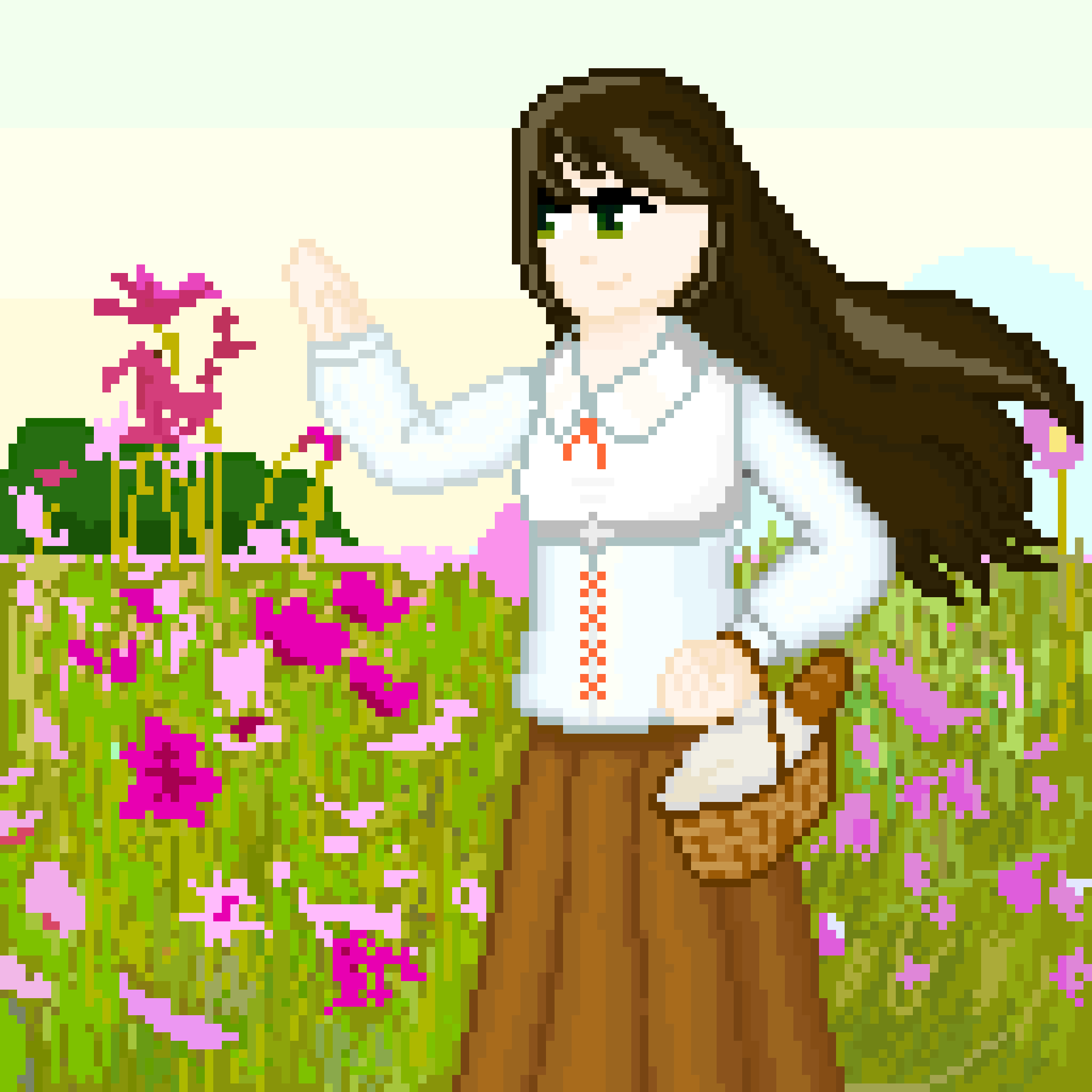 1girl, basket, cosmos_(flower), day, field, flower, flower_field, hair_flowing_over