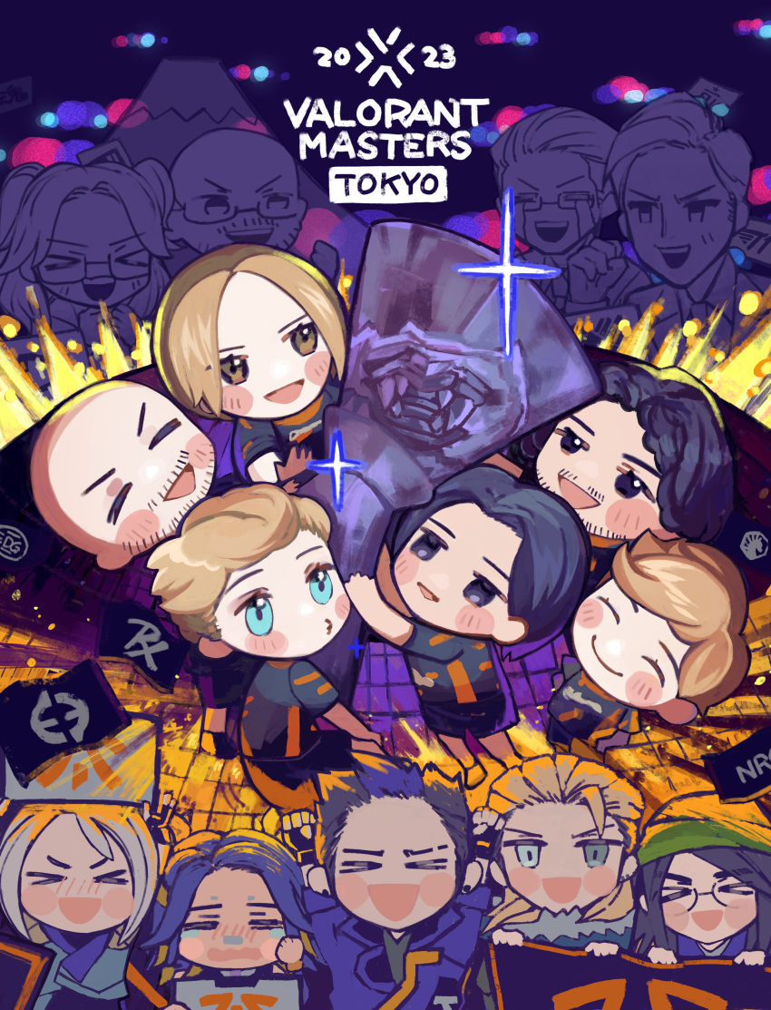 2023, 4girls, 6+boys, ^_^, absurdres, alfajer, animification, bald, beard_stubble, black_eyes, black_hair, blonde_hair, blue_hair, blush, boaster_(gamer), bren_(gamer), brown_eyes, brown_hair, character_request, chibi, chronicle_(gamer), clenched_hand, closed_eyes, copyright_name, derke_(gamer), esports, facial_hair, flag, fnatic, glasses, goldenboy_(gamer), green_hat, grey_hair, hat, highres, jett_(valorant), kamyk_(gamer), kaquka, killjoy_(valorant), leo_(gamer), mount_fuji, multicolored_hair, multiple_boys, multiple_girls, mustache_stubble, nanana_(syoki0916), neon_(valorant), open_mouth, parted_bangs, real_life, smile, sova_(valorant), sparkle, streaked_hair, stubble, trophy, two_side_up, valorant, yoru_(valorant)