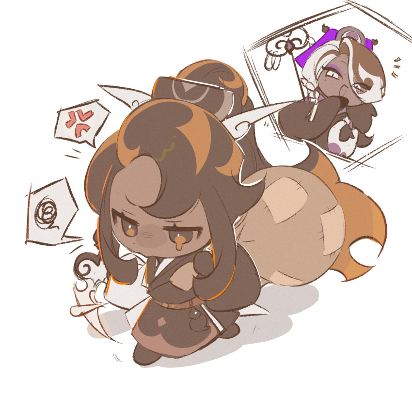 1boy, 1girl, affogato_cookie, anger_vein, belt, bindle, brown_bag, brown_belt, brown_hair, brown_kimono, caramel_arrow_cookie, carrying_over_shoulder, chibi, chibi_only, cookie_run, cookie_run:_kingdom, dark-skinned_female, dark-skinned_male, dark_skin, from_above, full_body, furrowed_brow, highres, japanese_clothes, kimono, long_hair, looking_ahead, multicolored_hair, no_nose, orange_hair, ponytail, projected_inset, shadow, shu_(pjxv7485), sketch, spoken_anger_vein, spoken_squiggle, squiggle, streaked_hair, tearing_up, three_quarter_view, very_long_hair, walking, white_background