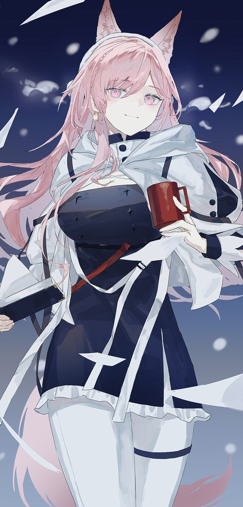 1girl, 3pel1, absurdres, animal_ear_fluff, animal_ears, arknights, black_dress, blue_background, book, breasts, capelet, commentary_request, cup, dress, earrings, gradient_background, highres, holding, holding_book, holding_cup, hood, hooded_capelet, jewelry, large_breasts, long_hair, looking_at_viewer, pantyhose, pink_eyes, pink_hair, pozyomka_(arknights), pozyomka_(snowy_plains_in_words)_(arknights), sidelocks, smile, snow, solo, tail, thigh_strap, white_capelet, white_pantyhose, wolf_ears, wolf_girl, wolf_tail