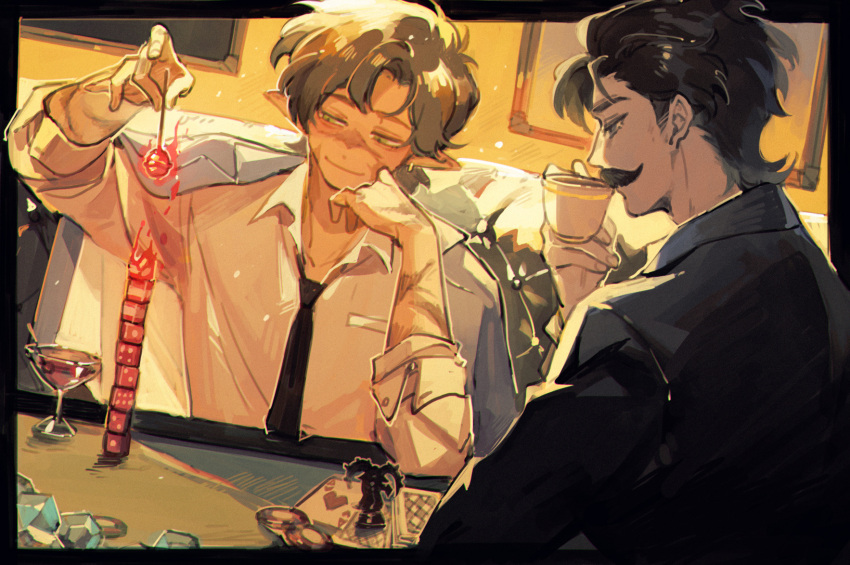 2boys, alcohol, black_border, black_hair, border, brown_hair, candy, card
