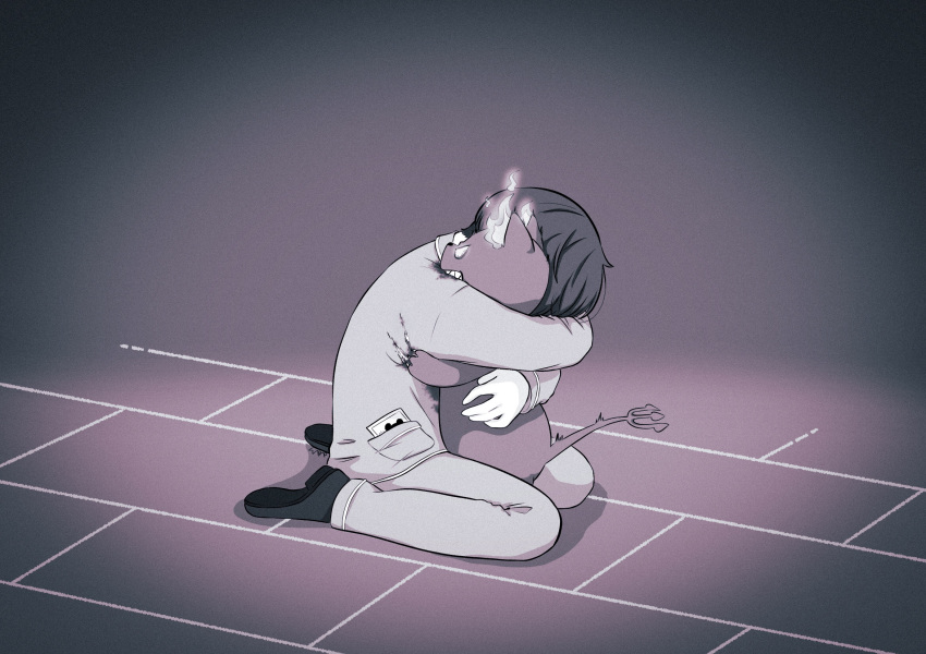 1boy, biting, cat, creature, full_body, grim_(twisted_wonderland), highres, hug