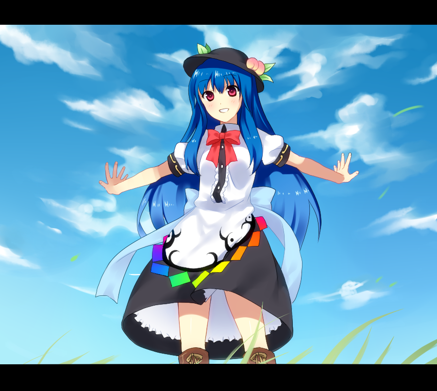 blue_hair, bowtie, dress, food, fruit, garigarigari, grin, hat