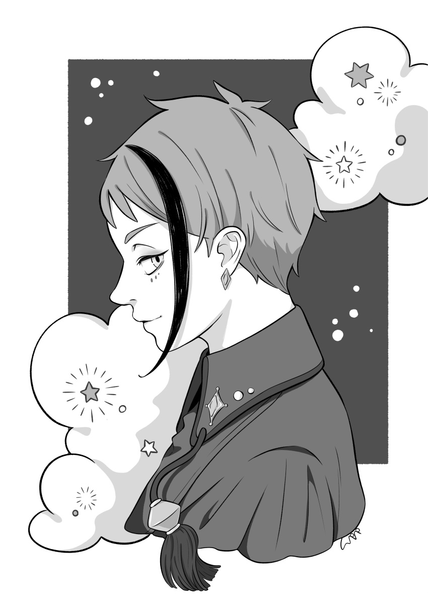 1boy, absurdres, clouds, floyd_leech, grey_background, greyscale, highres, looking_at_viewer