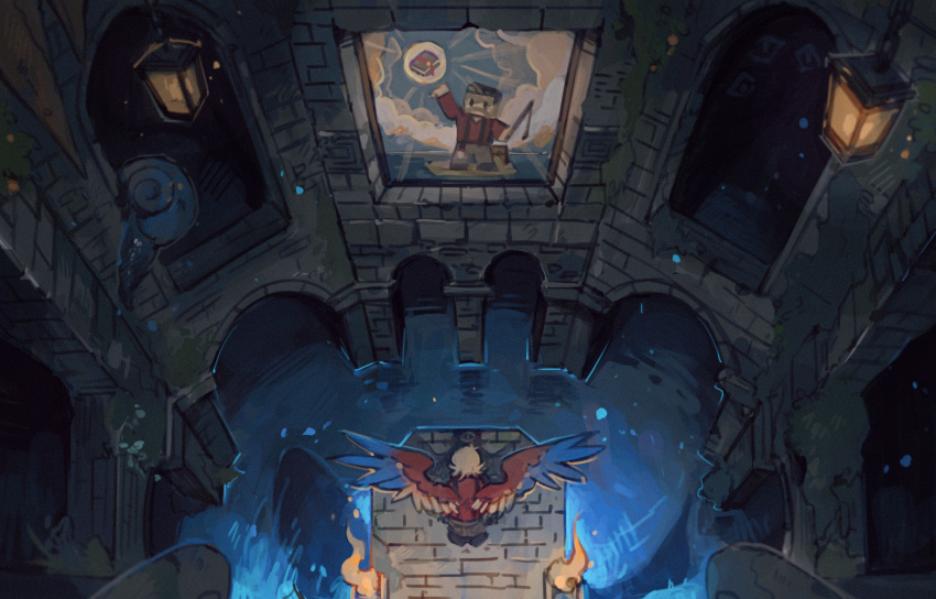 1boy, bird_boy, bird_wings, book, commentary, english_commentary, from_above, grian_(fisherman)_(hermitcraft), grian_(youtuber), hermitcraft, indoors, lantern, luminous_slime, male_focus, minecraft, minecraft_youtube, painting_(object), scenery, short_hair, snail, solo, water, wide_shot, wings