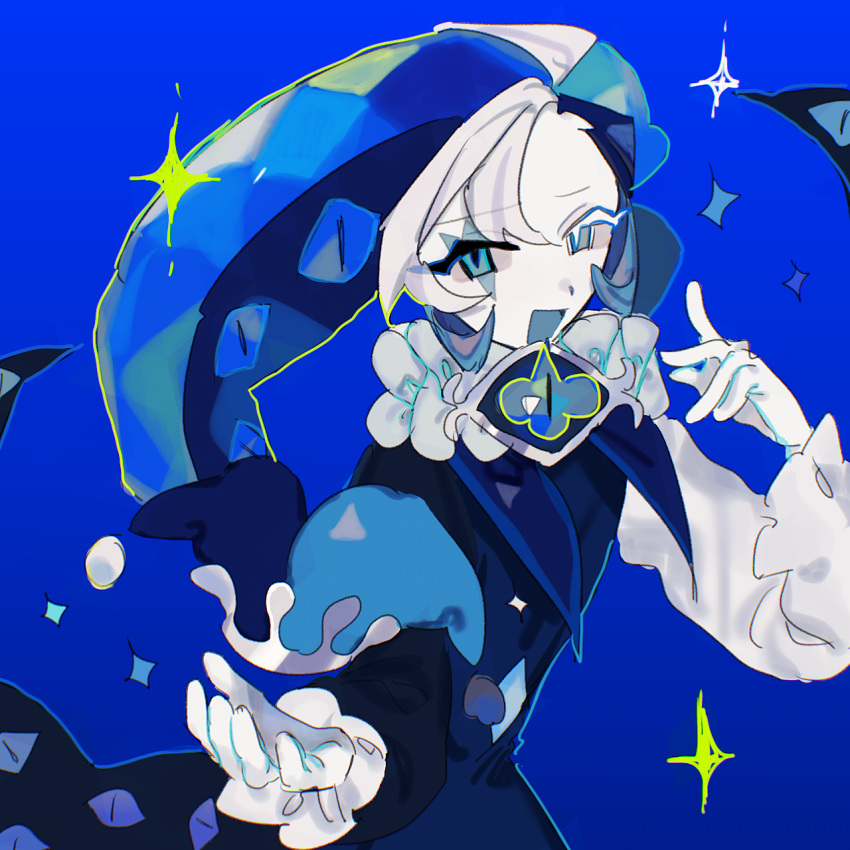 1boy, :d, alternate_skin_color, asymmetrical_eyelashes, asymmetrical_sleeves, bishounen, black_sleeves, blue_background