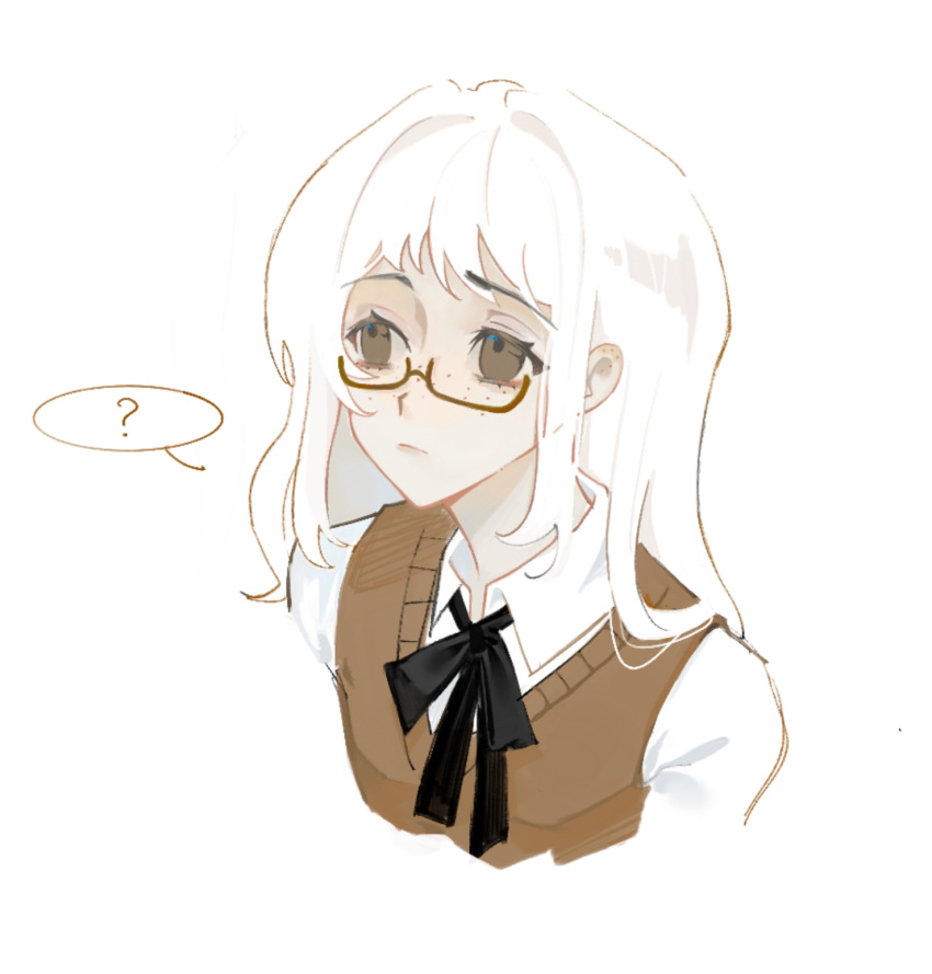 1girl, ?, bai_ling_(touqi_guaitan), black_ribbon, brown-framed_eyewear, brown_eyes, brown_sweater_vest, chinese_commentary