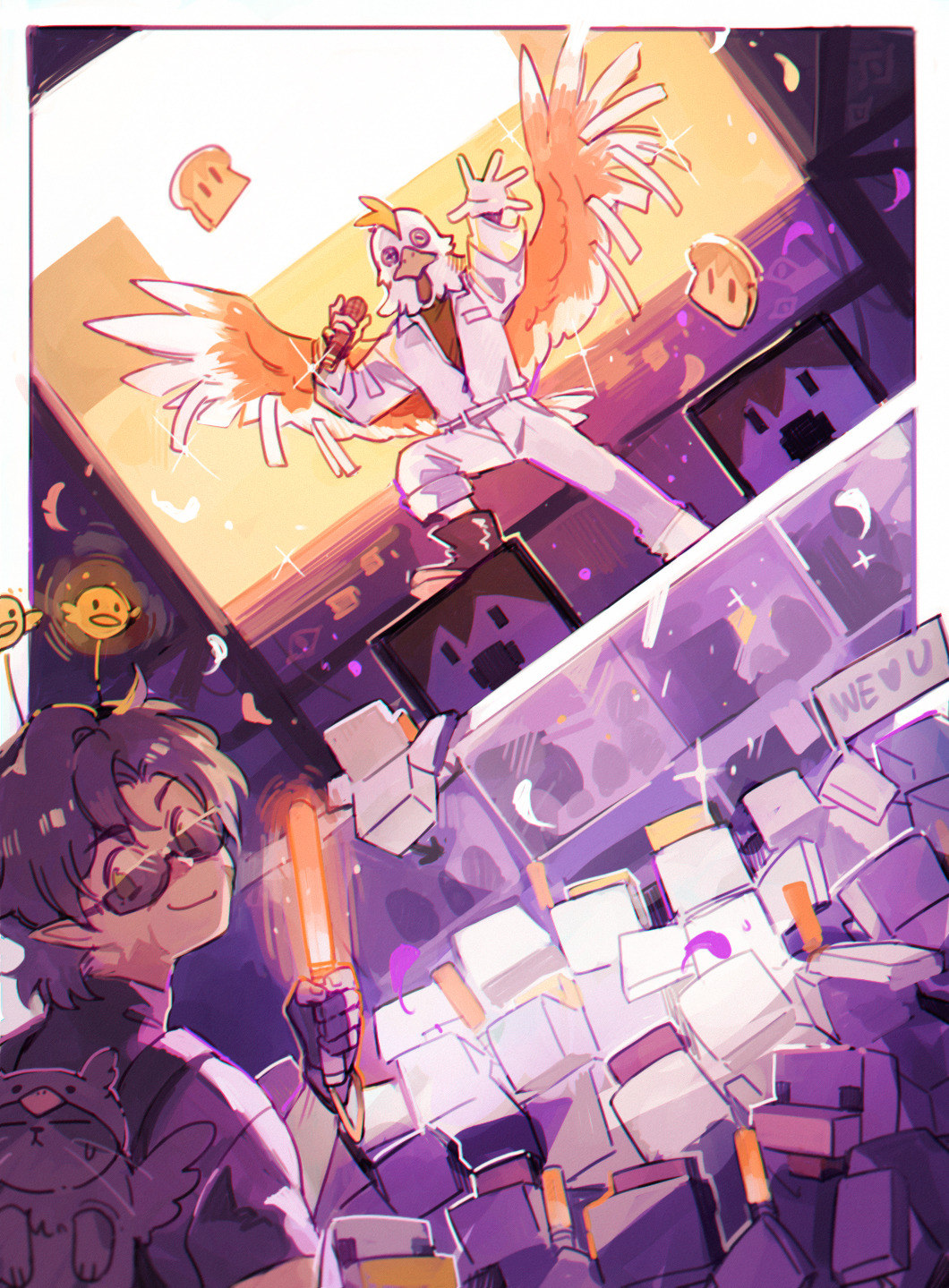 2boys, animal, backpack, bag, bird, bird_boy, bird_wings, bread, cat, chicken, chicken_(minecraft), chicken_costume, commentary, concert, english_commentary, food, glowstick, goodtimeswithscar, goodtimeswithscar_(hotguy), grian_(poultry_man)_(hermitcraft), grian_(youtuber), hermitcraft, highres, holding, holding_glowstick, holding_microphone, jellie_(hermitcraft), luminous_slime, male_focus, microphone, minecraft, minecraft_youtube, multiple_boys, pointy_ears, scar, sunglasses, wings