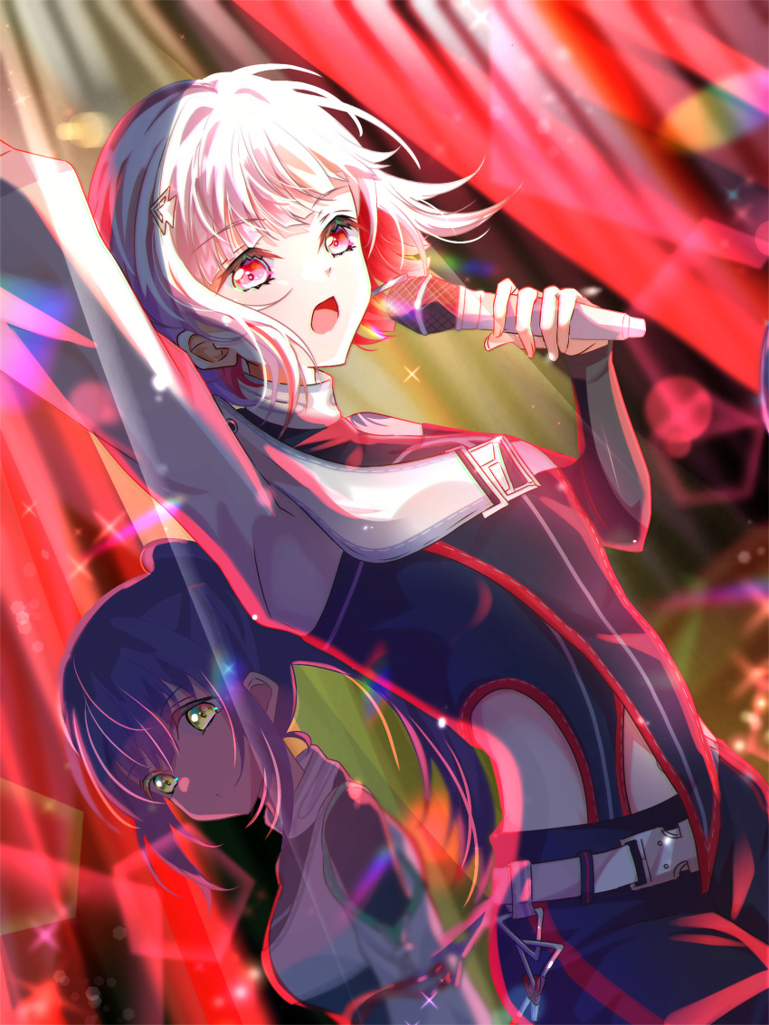2girls, absurdres, arm_up, belt, black_pants, black_shirt, black_sleeves, blurry