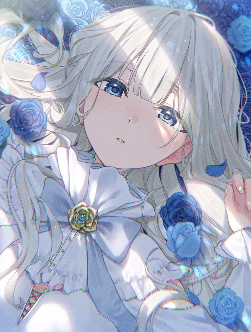 1girl, absurdres, arm_up, blonde_hair, blue_bow, blue_bowtie, blue_eyes, blue_flower, blue_rose, bow, bowtie, commentary, crack_of_light, fingernails, floral_background, flower, frills, highres, long_hair, long_sleeves, looking_at_viewer, lying, on_back, original, parted_lips, petals, portrait, rinzawa, rose, shirt, solo, symbol-only_commentary, white_shirt
