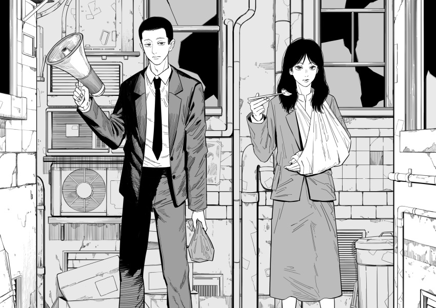 1boy, 1girl, absurdres, arm_cast, arm_sling, bag, broken_window, buzz_cut